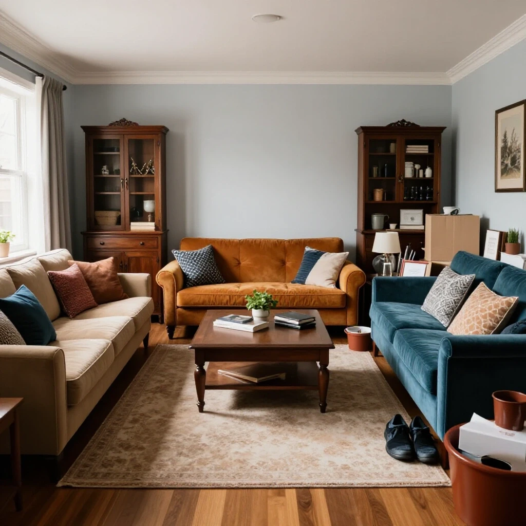 Contrast image between a styled rental living room and a cluttered purchased space, highlighting furniture rental benefits.