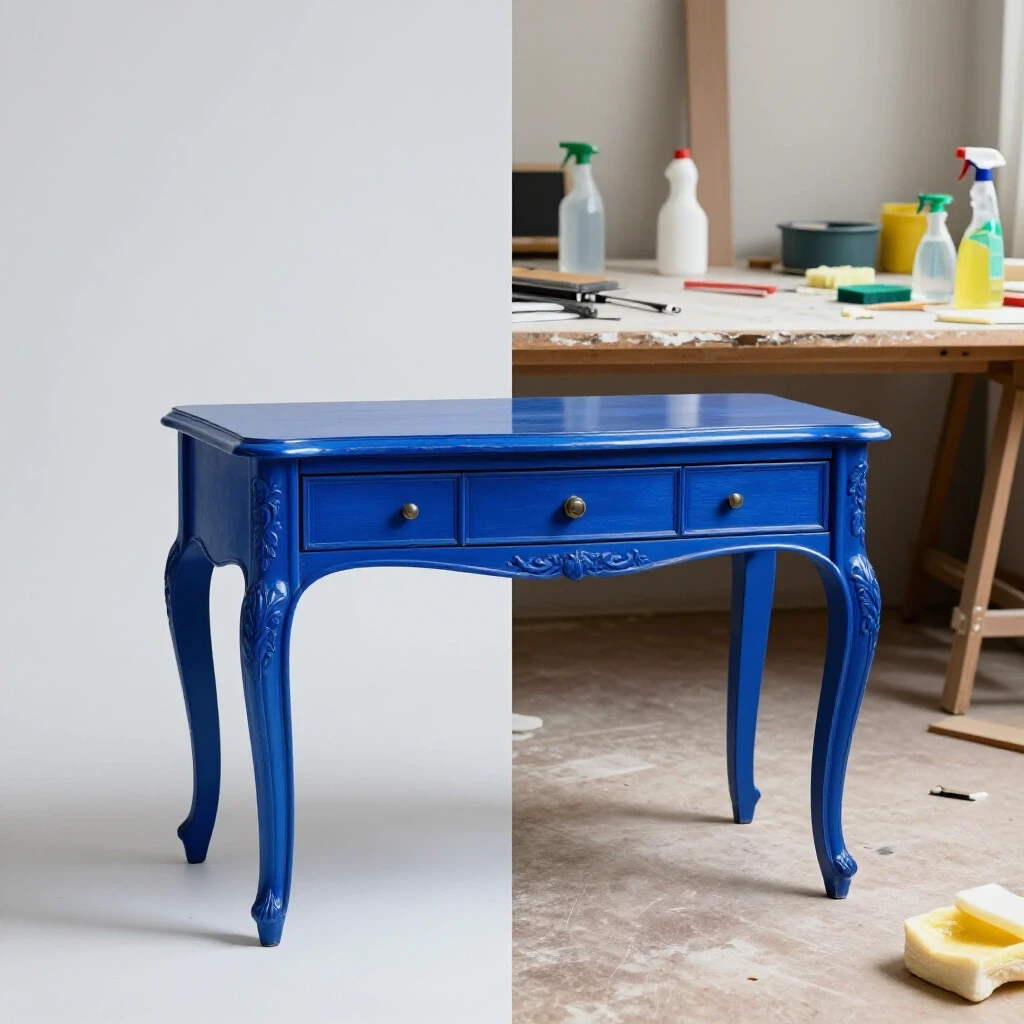 A visually striking split scene showcasing a restored royal blue furniture piece next to a cluttered DIY workspace.