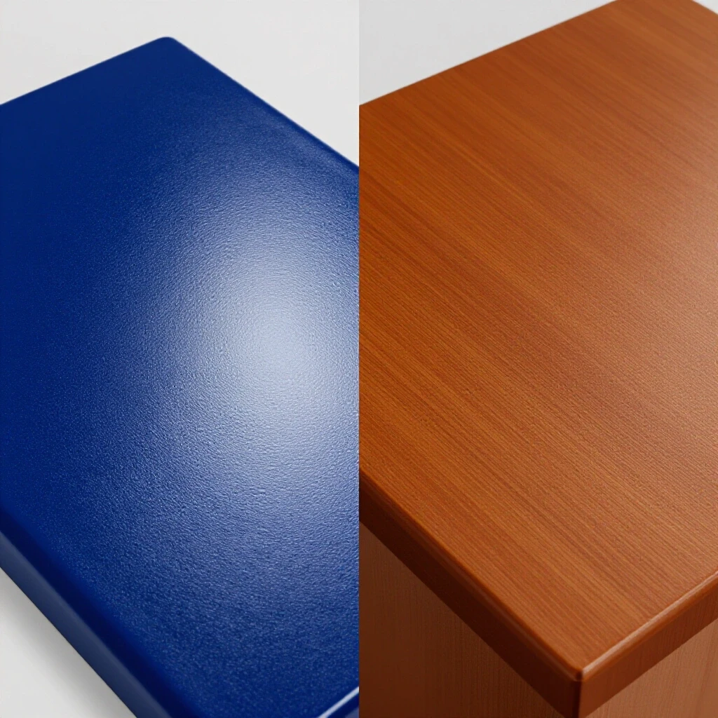 A visually striking comparison of polyurethane glossy finish and warm matte furniture wax on a light grey background.