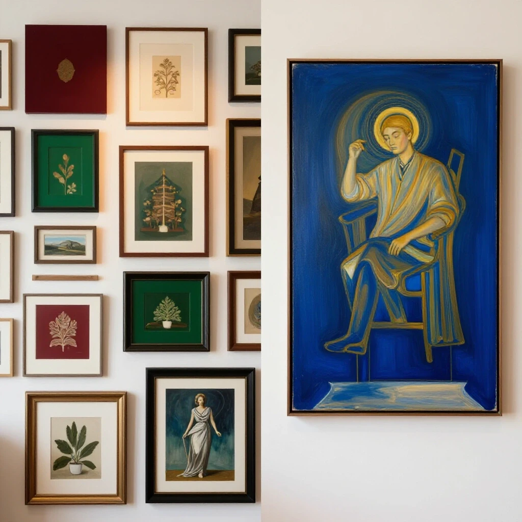 A split-composition image featuring a vibrant gallery wall of eclectic frames on one side and an oversized art piece on the other, showcasing contrasting styles.