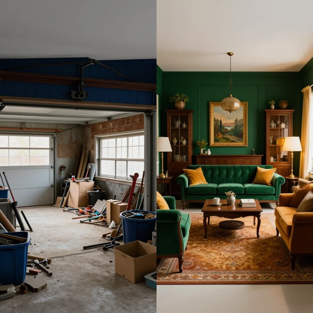 A split image showing a disorganized garage on one side and a beautifully designed living space on the other, highlighting the transformation.