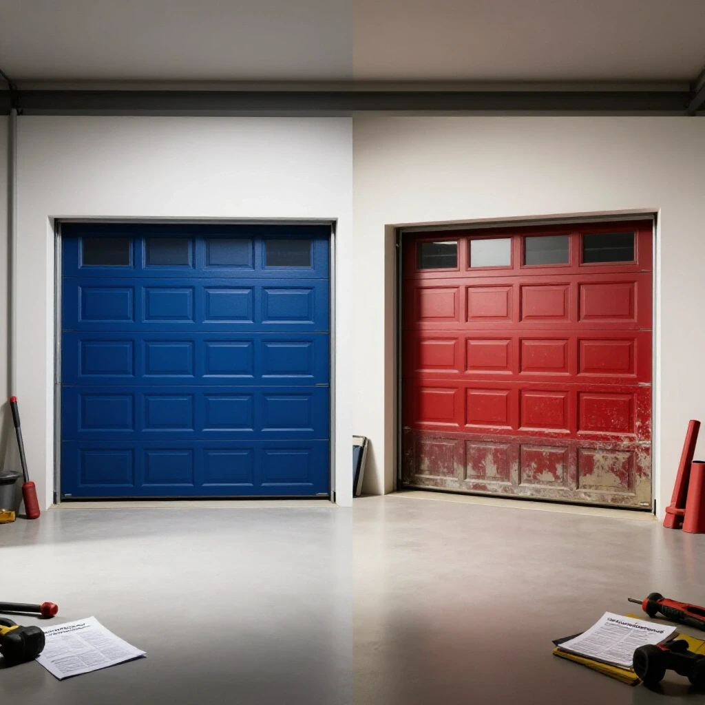 A split view of a modern garage showing a functioning blue door and a malfunctioning red door, highlighting repair themes.