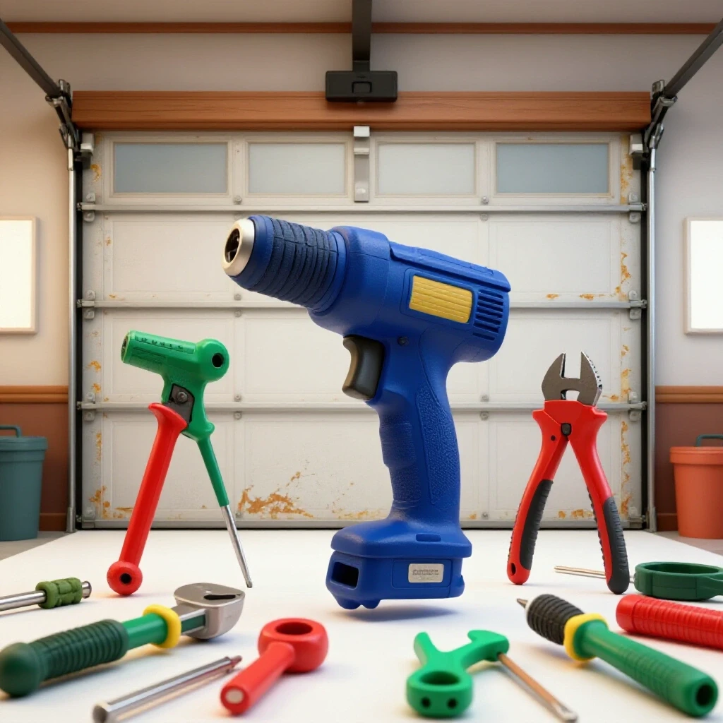 A worn-out garage door with vibrant, freshly painted tools in the foreground, symbolizing hope and transformation.