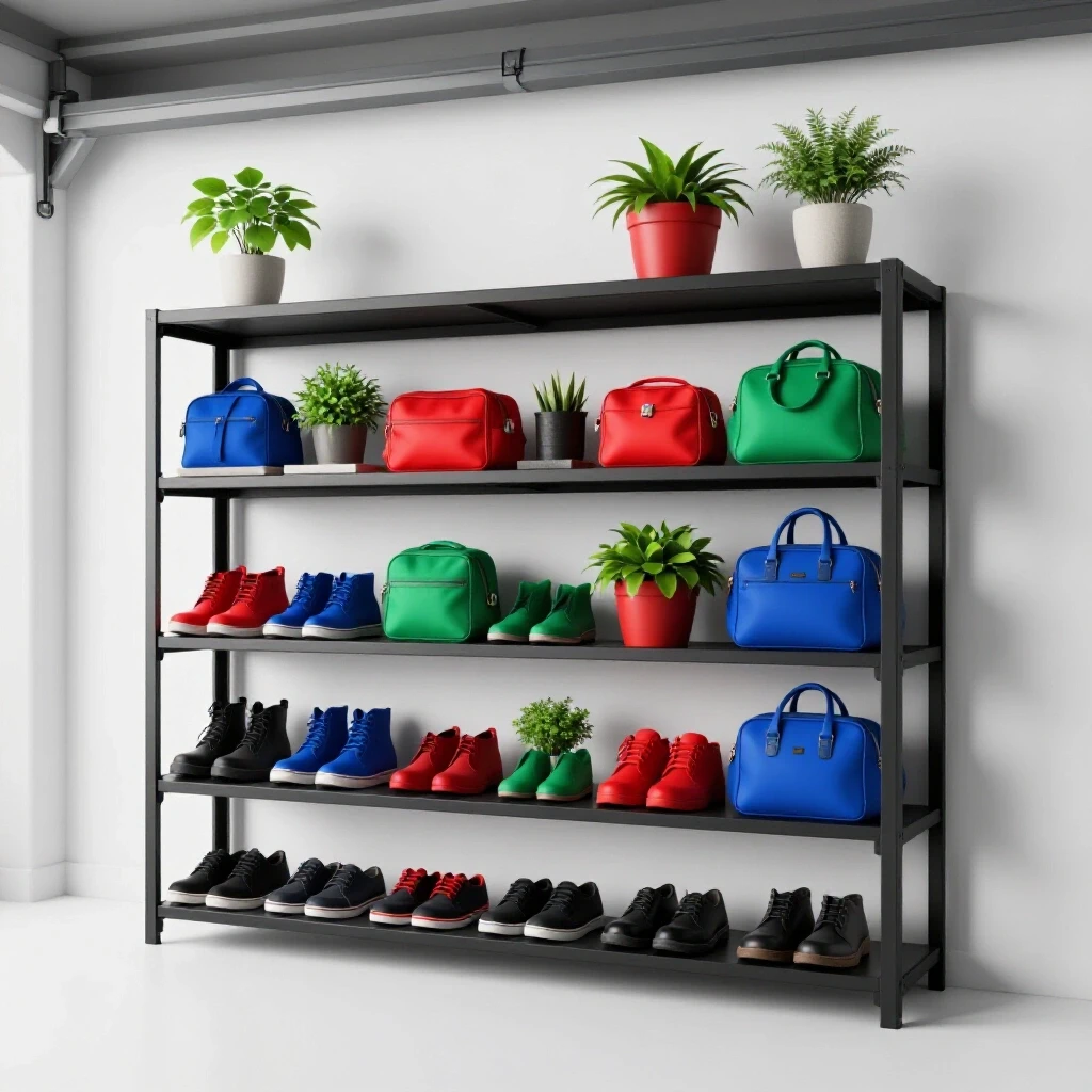 A vibrant garage entry shelf showcasing neatly arranged shoes and bags against a bright white background.