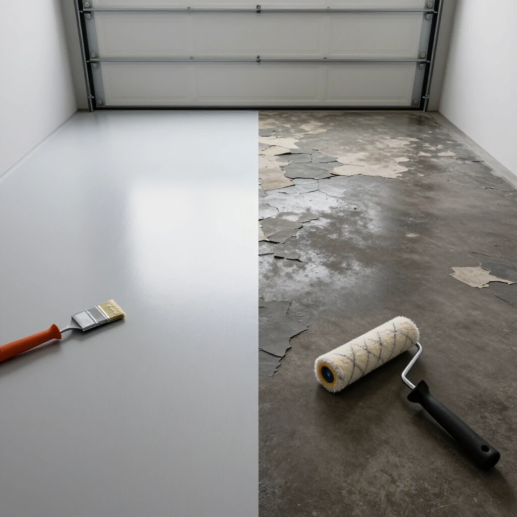 A visually striking split garage floor showing one side with a glossy, coated finish and the other side peeling and dull.