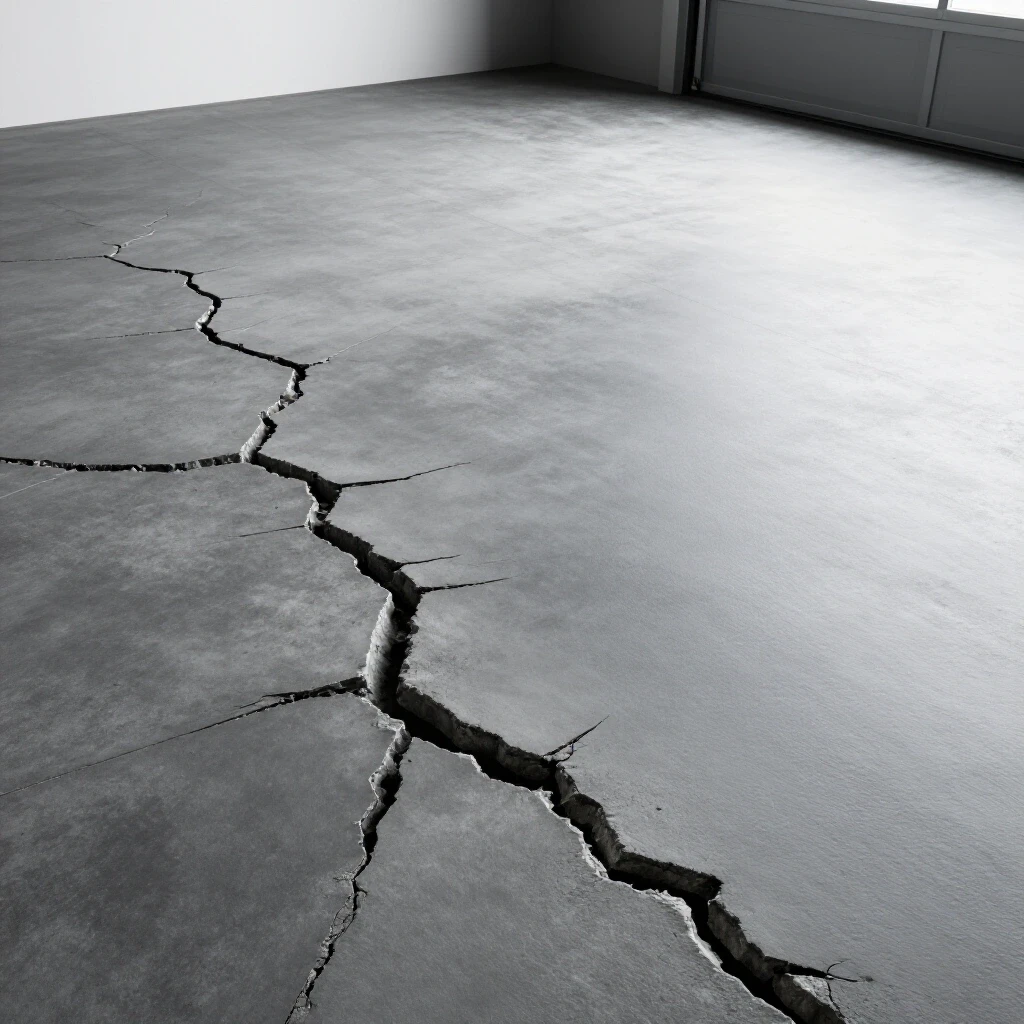 A close-up of a cracked garage floor transitioning from damage to a smooth repair, highlighting the transformation.