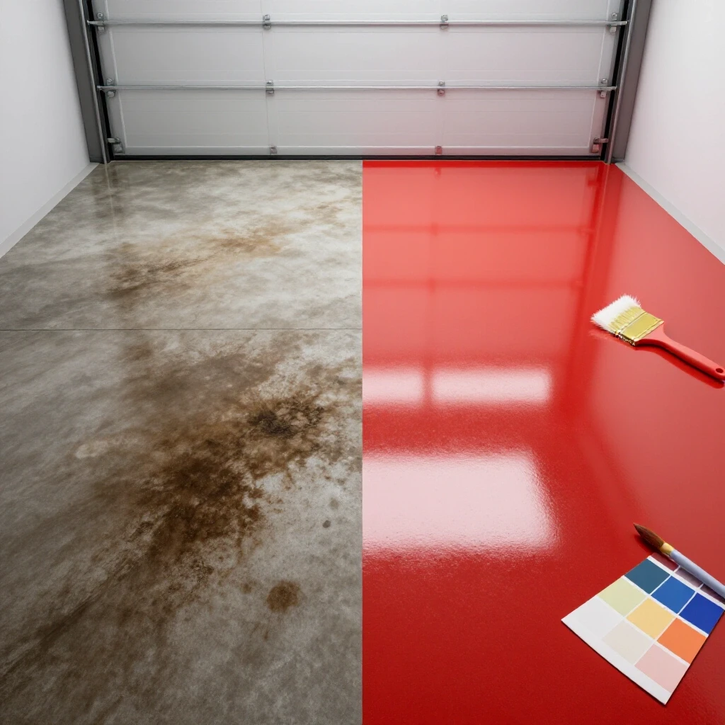 Split view of a dull garage floor contrasted with a glossy epoxy finish, showcasing paint tools and color swatches.