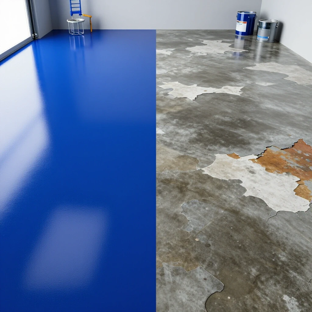 Split image showing a glossy epoxy garage floor on one side and a peeling surface on the other, with tools in the background.
