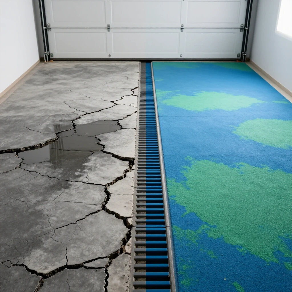 A split image showing a cracked, leaking garage floor on one side and a transformed, dry floor with drainage on the other, illustrating effective repair.