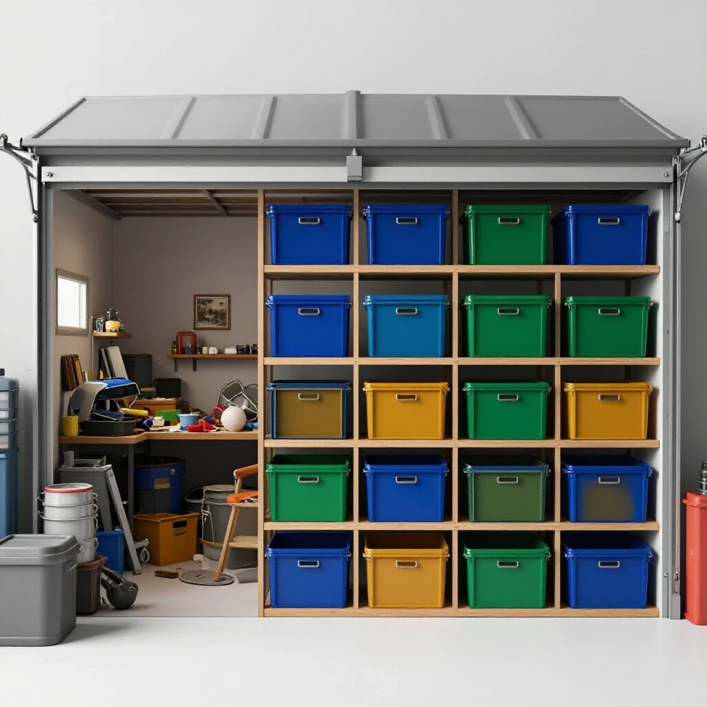 A stark contrast between a chaotic garage overflowing with items and a stylishly organized garage showcasing storage solutions.