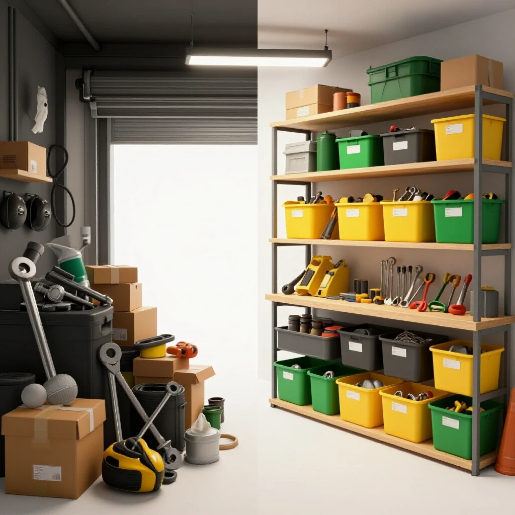 A visual split of a cluttered garage on the left and an organized garage on the right, showing transformation.