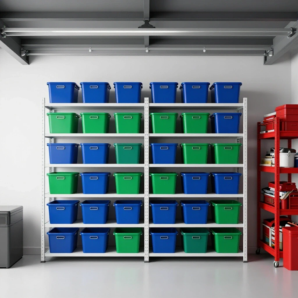 Split image of a well-organized garage with sturdy shelving on one side and a cluttered garage with sagging shelves on the other, showcasing storage solutions.