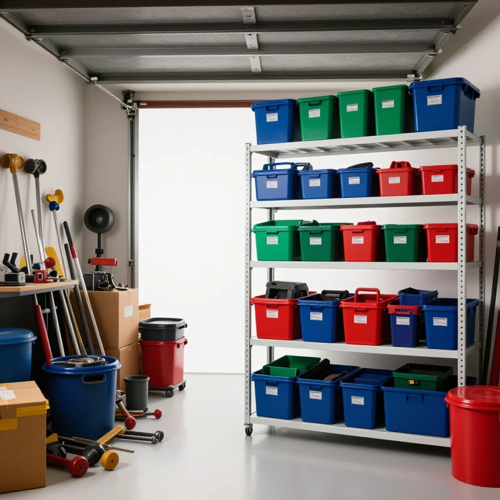 A split-screen comparison of a cluttered garage and an organized garage with storage solutions.