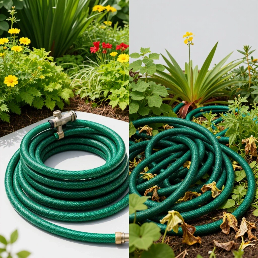 A split-screen image showing a vibrant garden with a neatly coiled hose on one side and a tangled, leaking hose amid wilted plants on the other, contrasting garden care results.
