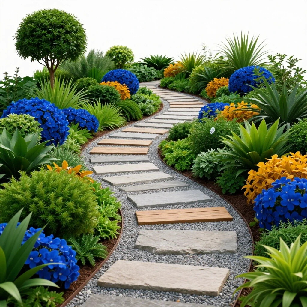 A vibrant garden path made of gravel, stone, and wood, surrounded by lush greenery with a subtle price tag motif.