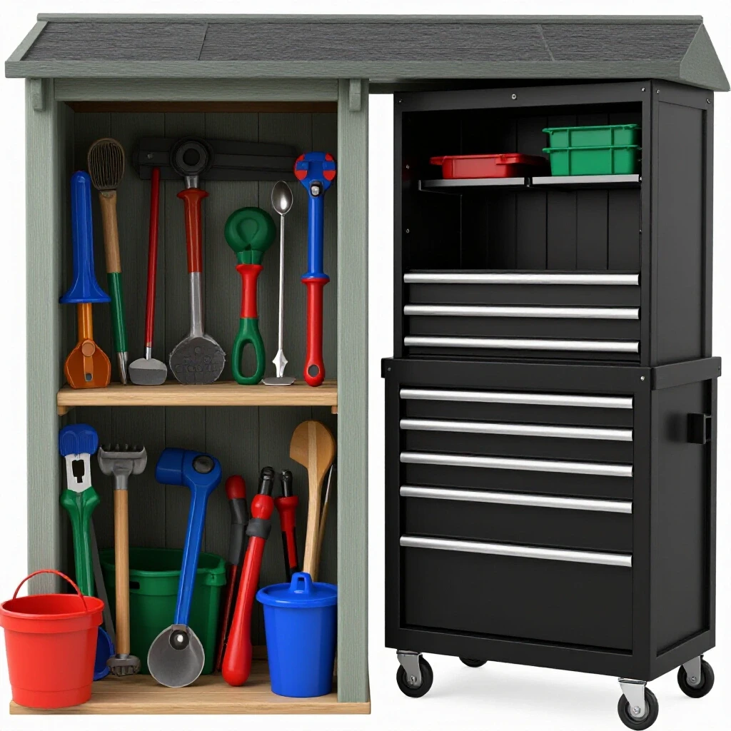 A vibrant contrast between a chaotic garden shed filled with tools and a neatly organized tool storage system.