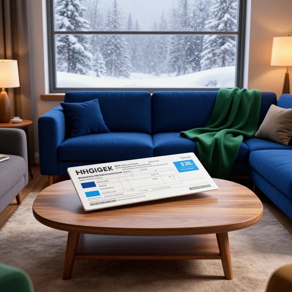Cozy winter living room with a gas bill on the coffee table and snow visible through the window.
