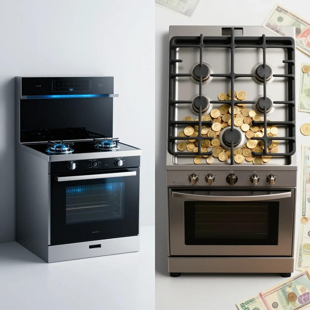 A comparative image showing a sleek electric range on the left with a traditional gas range on the right, surrounded by bills and coins.