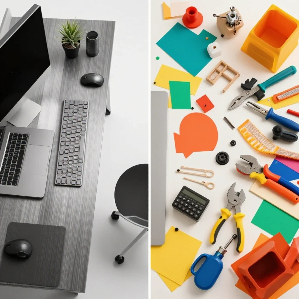 A comparison of an organized workspace for project management and a chaotic DIY setup filled with colorful tools, highlighting the pros and cons of each approach.
