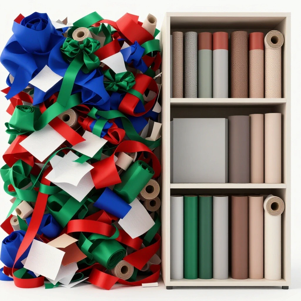 A vibrant contrast of chaotic gift wrap storage versus a neatly organized wrapping solution side by side.