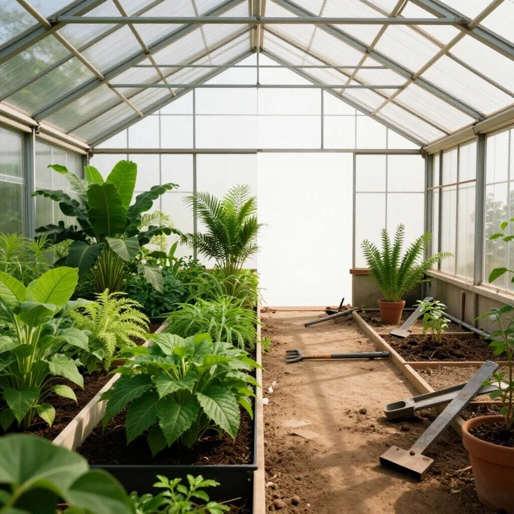 A striking contrast of a flourishing greenhouse filled with vibrant plants and a chaotic, unfinished greenhouse space with tools and unsuccessful plants.