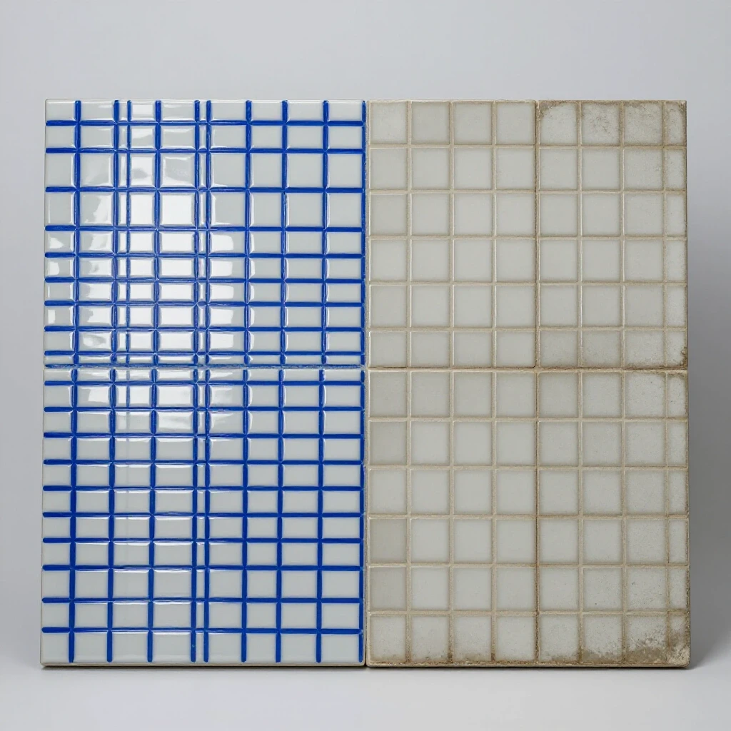 Comparison of glossy and worn tiled surfaces highlighting grout sealer effectiveness and maintenance importance