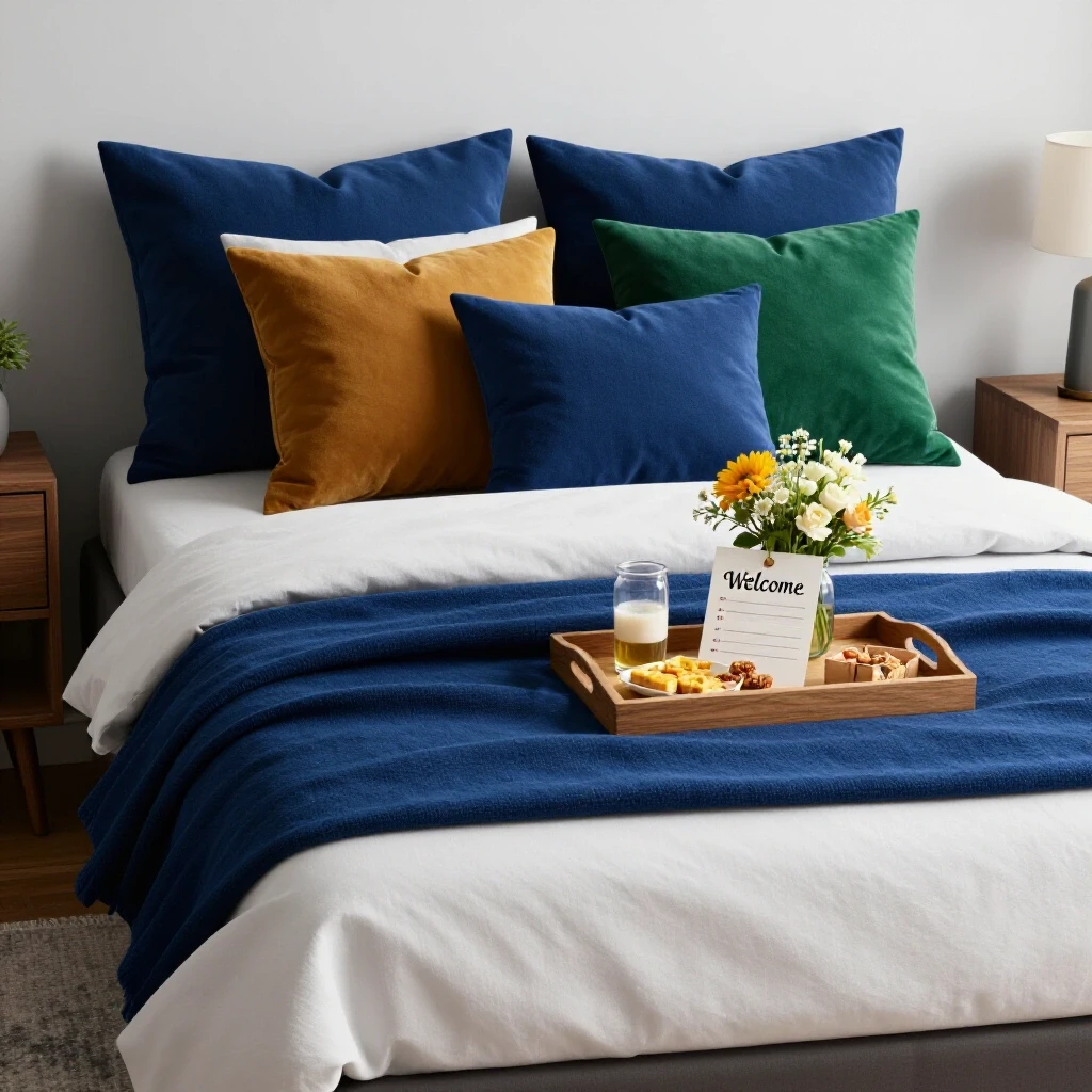 A cozy guest room featuring a neatly made bed and a welcoming tray with snacks and flowers, evoking comfort and hospitality.