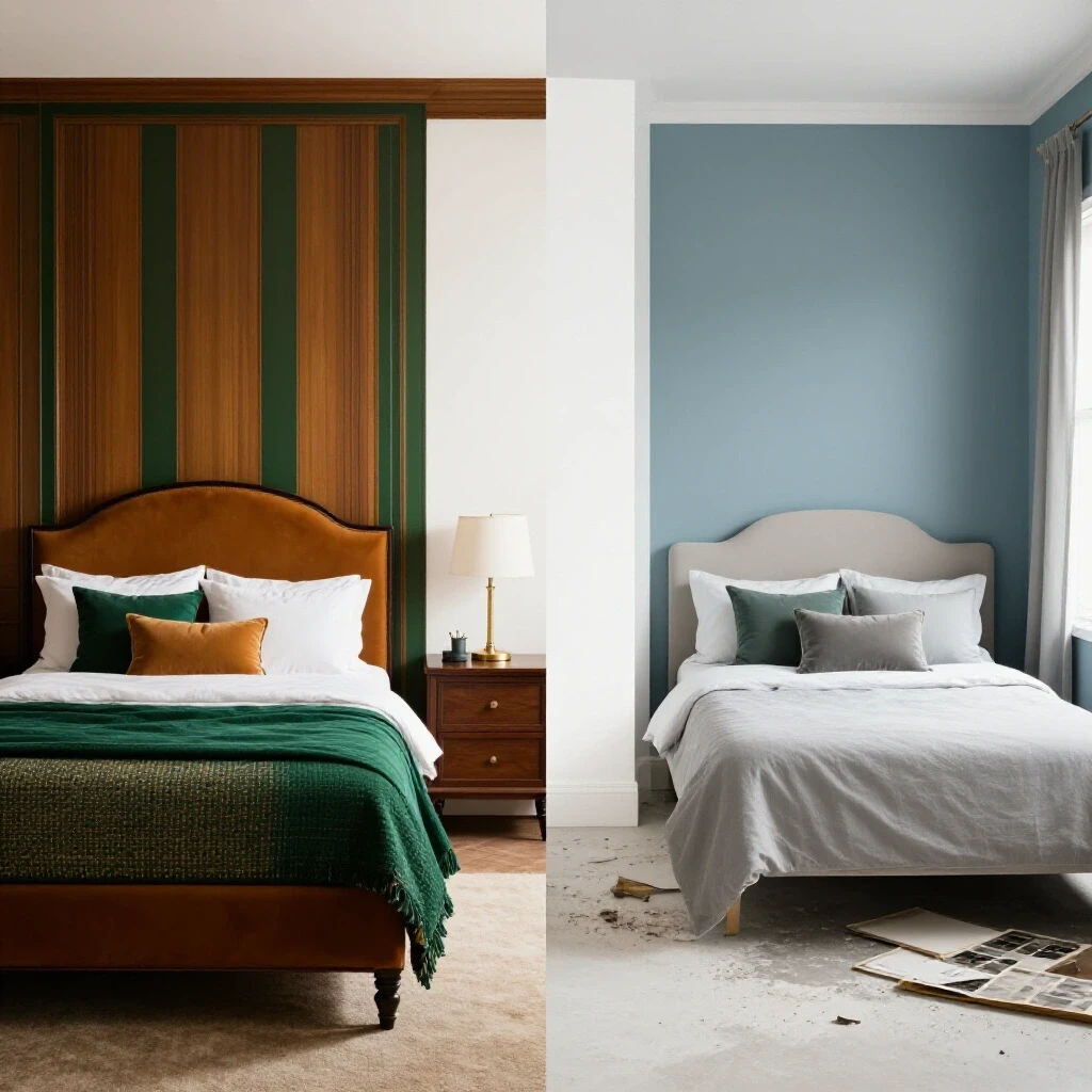 A visual comparison of a beautifully styled guest room and a cluttered, unfinished guest room, showcasing contrasting color palettes
