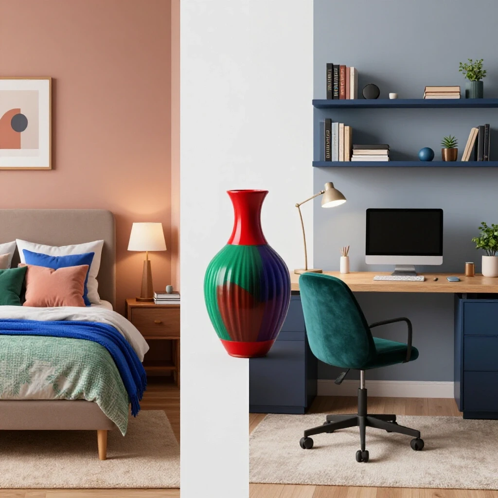 A split-image showing a cozy guest room with pastel tones and a sleek home office with cool hues, divided by a decorative object.