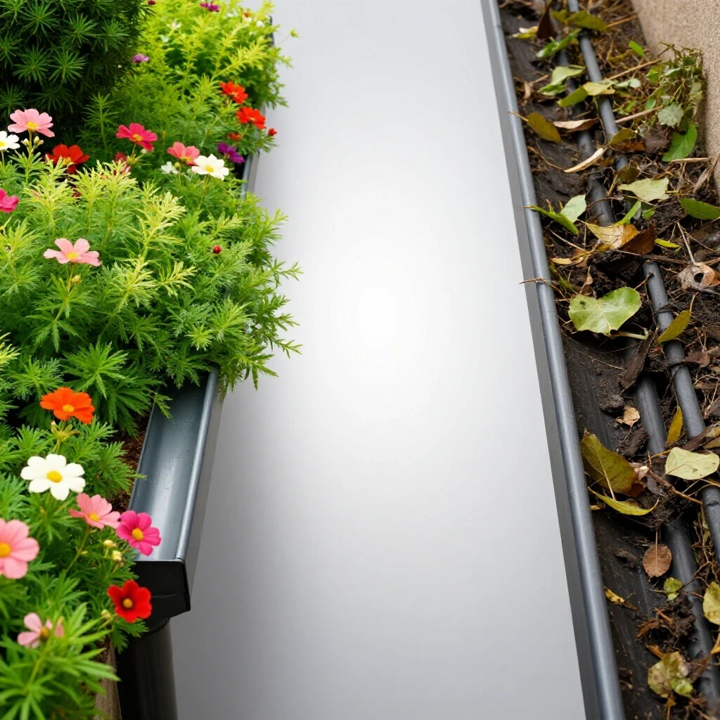 A split image showing a vibrant gutter with flowers contrasting with a dark, clogged gutter filled with debris, symbolizing the importance of maintenance.