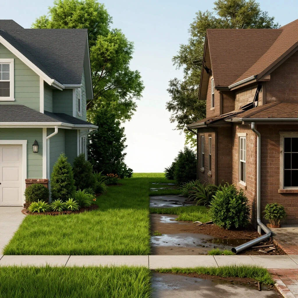 Contrast of a well-maintained home with clean gutters beside a dilapidated home with damage, highlighting maintenance needs.