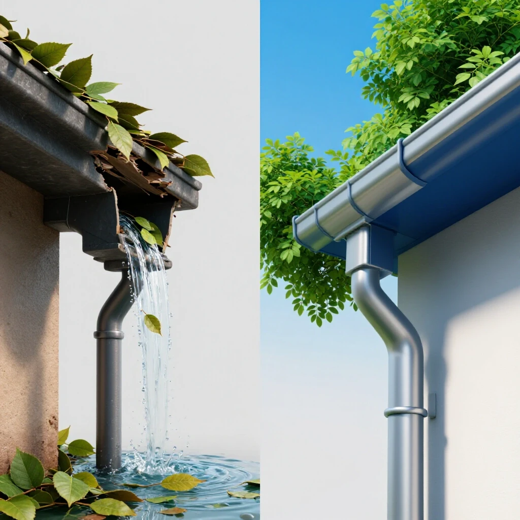 A split scene showing a damaged gutter overflowing with debris contrasted against a new, clean gutter under a bright sky and greenery.
