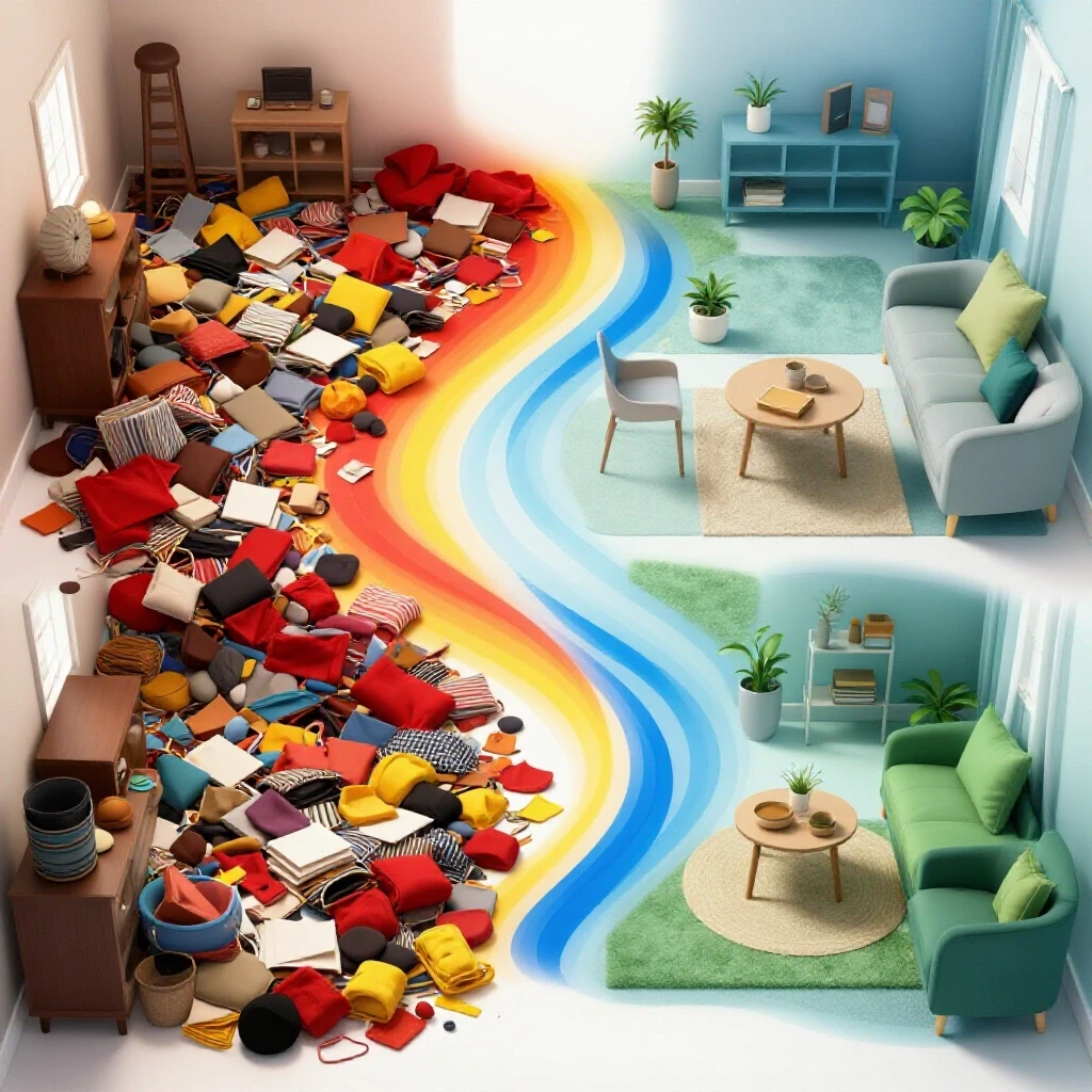 A visual representation of a room transitioning from cluttered chaos to organized calm, illustrating the concept of habit tracking.