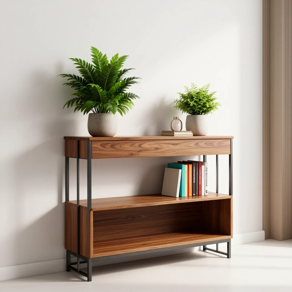A stylish hallway console with open storage, accented by plants and books in a bright studio setting.