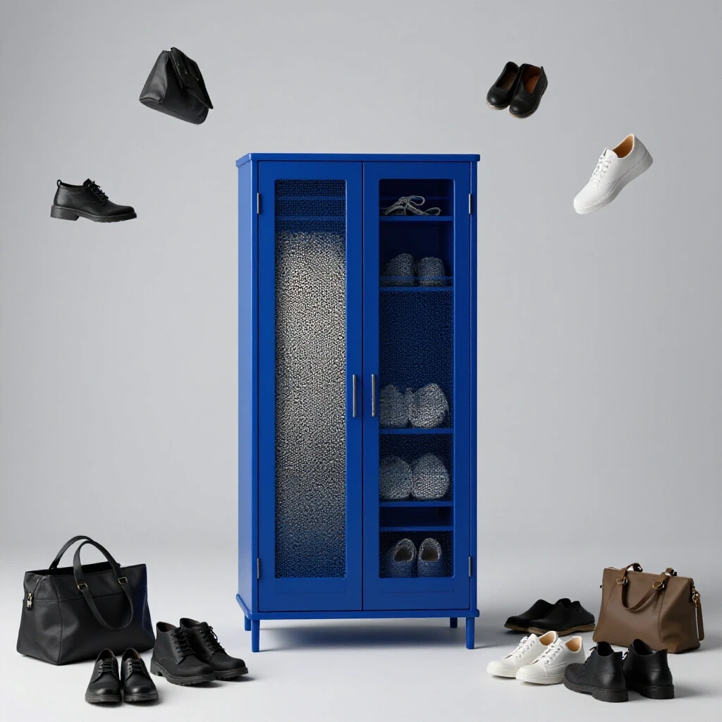 A modern hallway storage cabinet in royal blue with scattered shoes and bags, set in a bright studio environment, illustrating organization amid chaos.