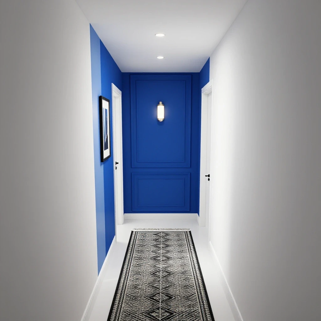 A well-lit narrow hallway featuring a vibrant accent wall and stylish decor, inviting budget-friendly updates.