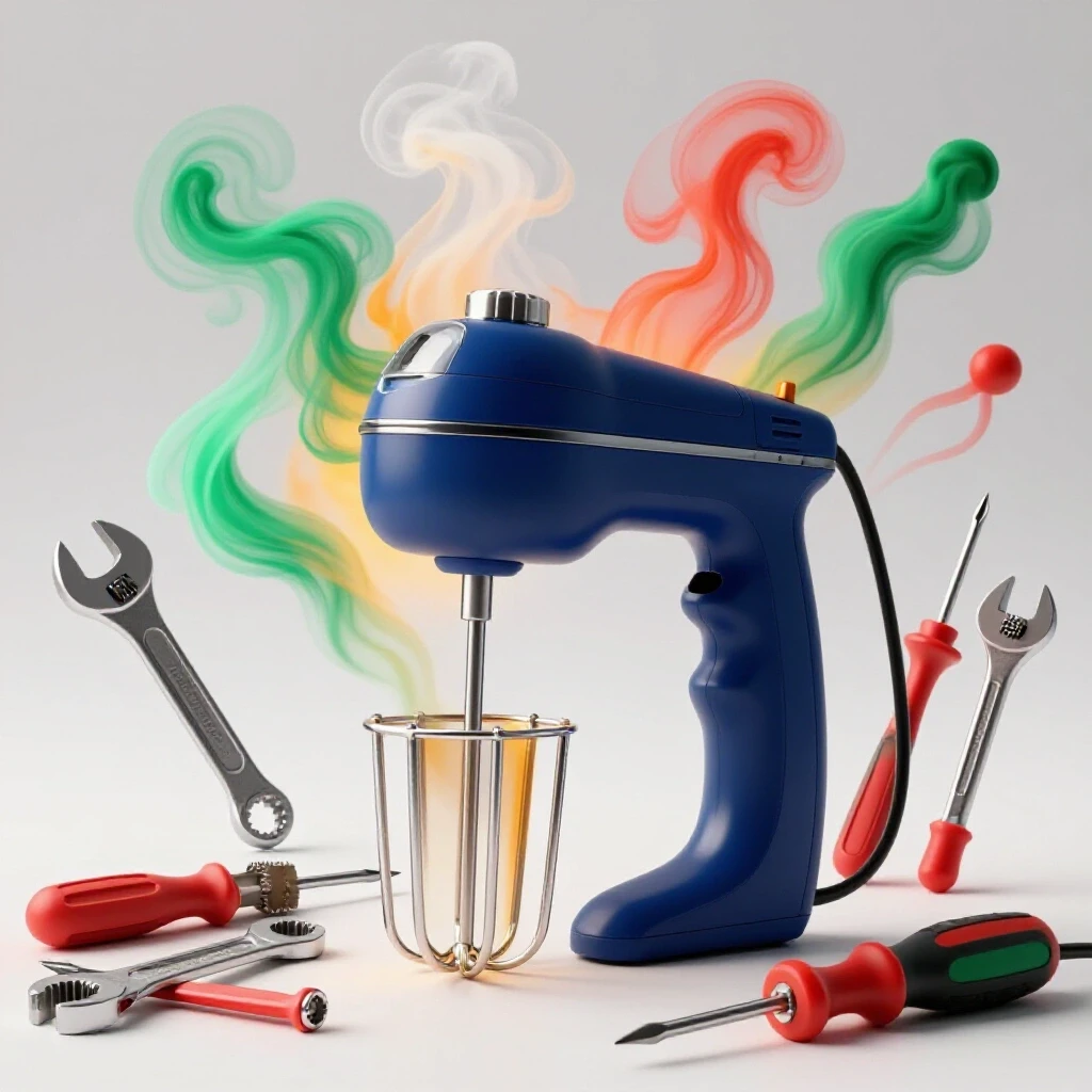 A hand mixer surrounded by colorful smoke indicating overheating, alongside cool repair tools like wrenches and screwdrivers.