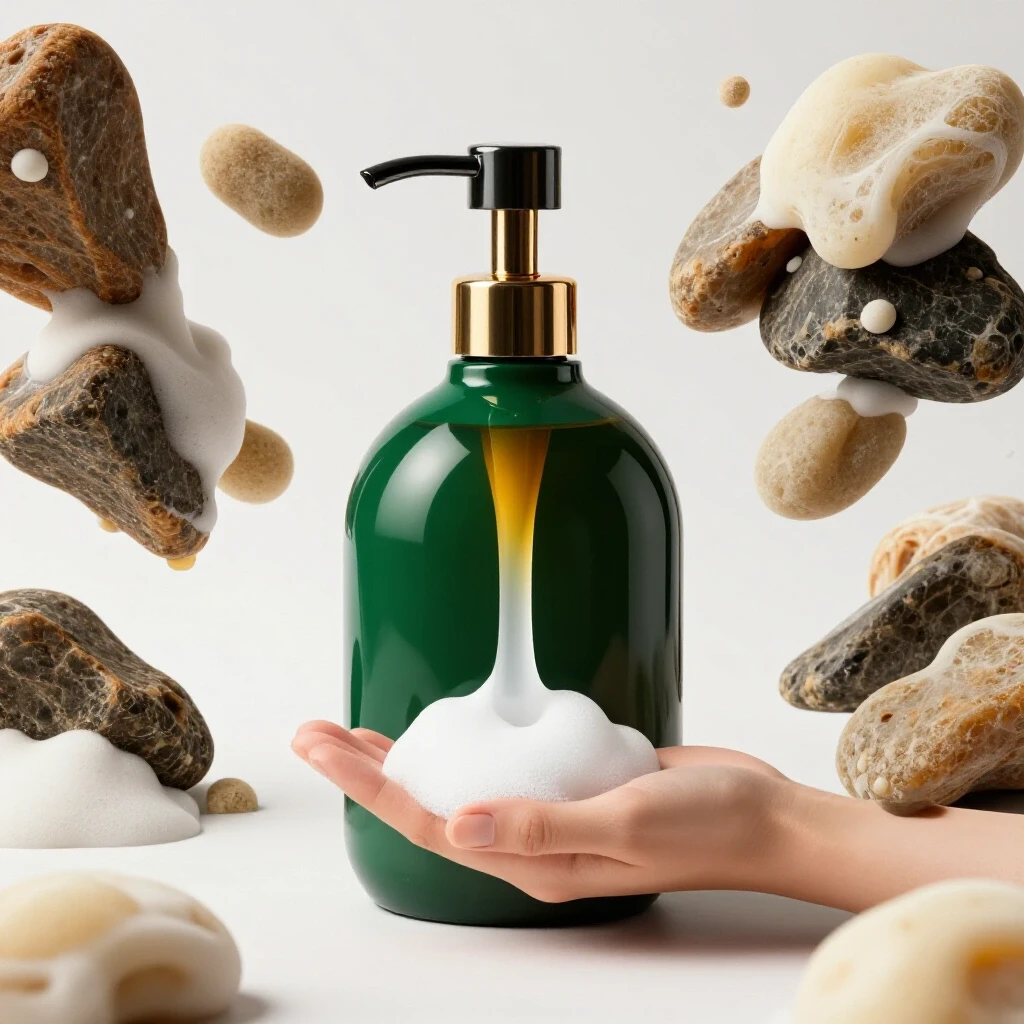 A hand soap dispenser with flowing soap on one side and clogged remnants on the other, showcasing soap issues.