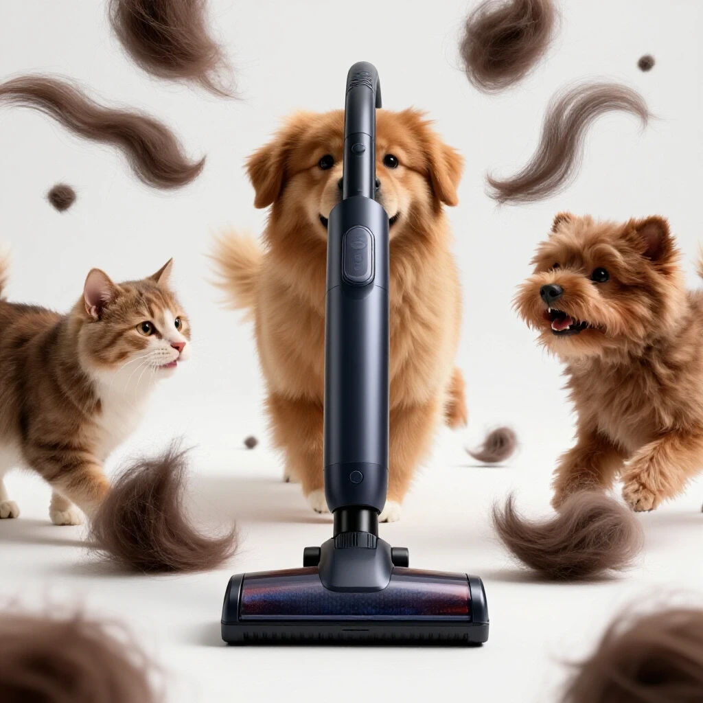 A lively scene with a sleek handheld vacuum and fluffy pet hair around it, emphasizing pet hair cleaning.
