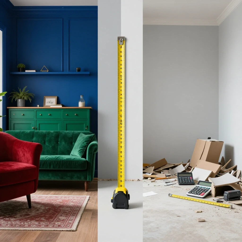 Split image showcasing a beautifully decorated home interior on one side and a cluttered, unfinished space on the other, with a measuring tape and calculator at the center.