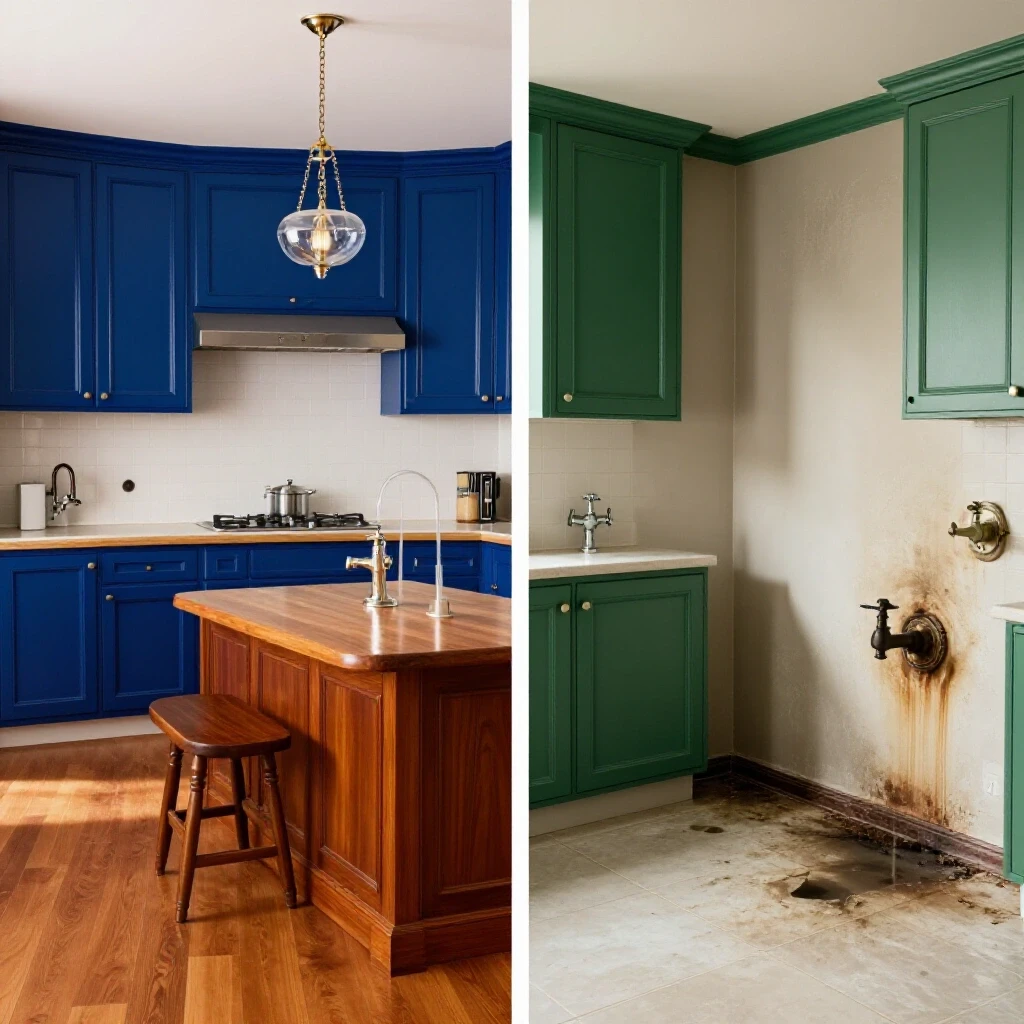 Contrasting image of a vibrant home interior and a damaged space showing hard water effects.