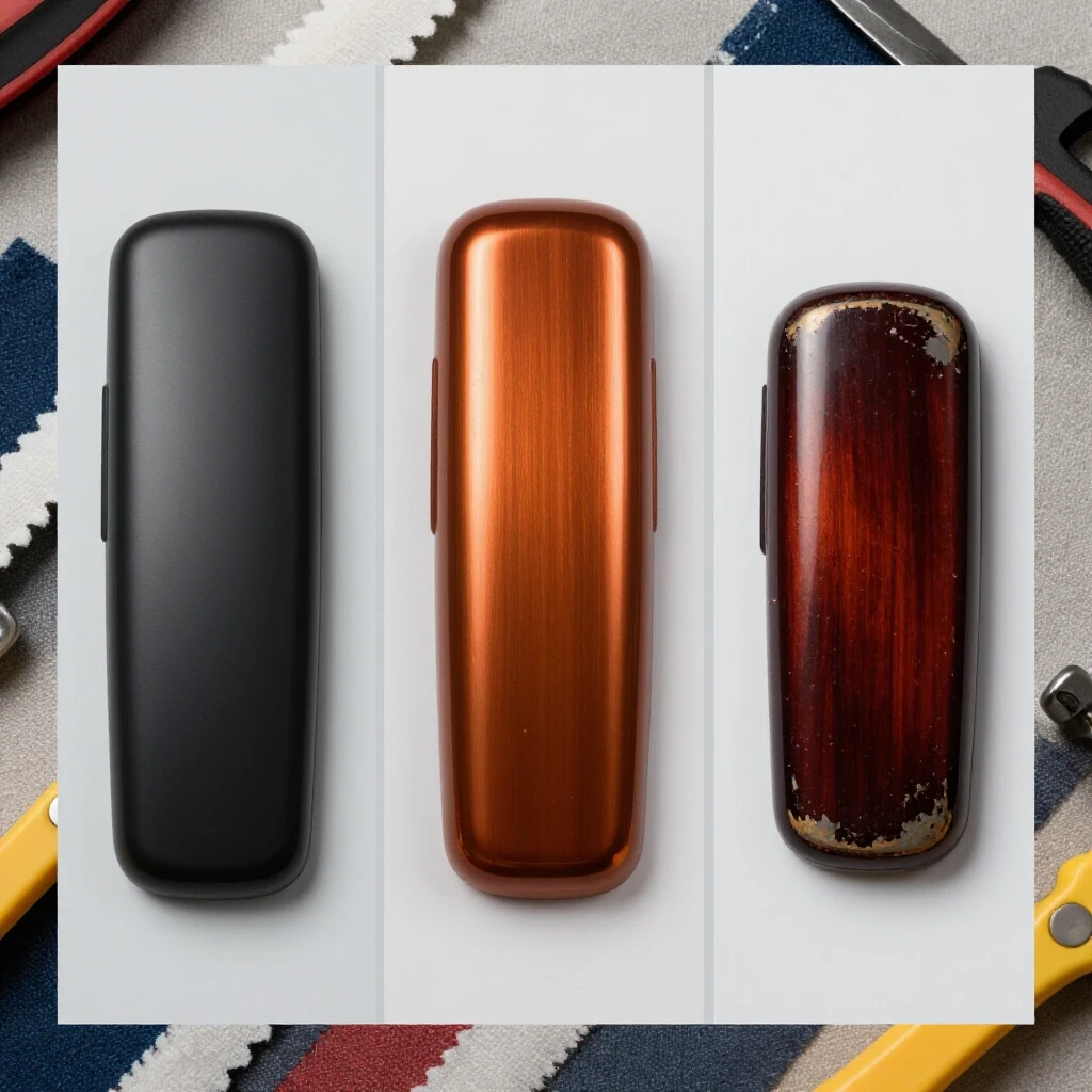 A comparison image showcasing matte, shiny, and distressed hardware finishes, highlighting their textures and colors on a clean background.