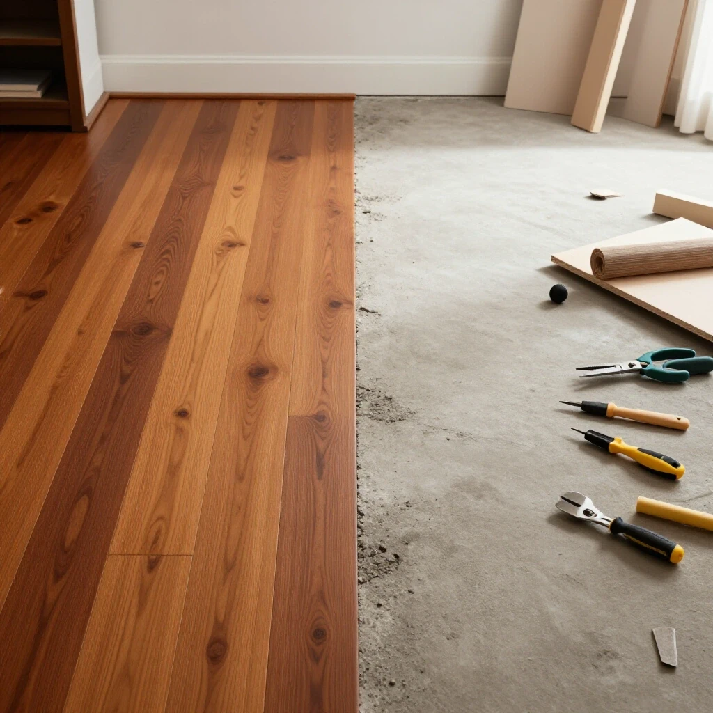 A split image featuring polished hardwood flooring contrasted with an unfinished floor and scattered DIY tools, showcasing style and budget options.