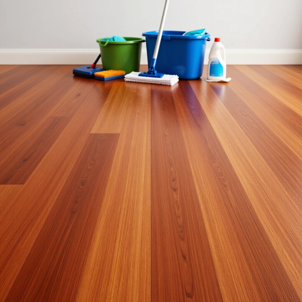 Vibrant polished hardwood floor with a blurred cleaning toolkit in the background, highlighting maintenance for homeowners.