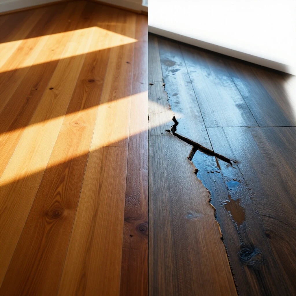 A visually striking split scene of polished hardwood floor versus warped, buckling floor due to moisture, highlighting contrasting sunny and damaged areas.