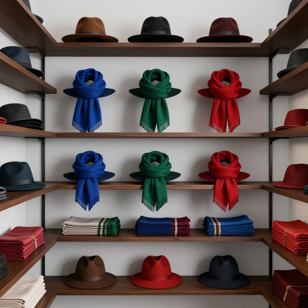 Elegant hat display on sleek wooden shelves with neatly arranged scarves in a beautifully organized storage space.