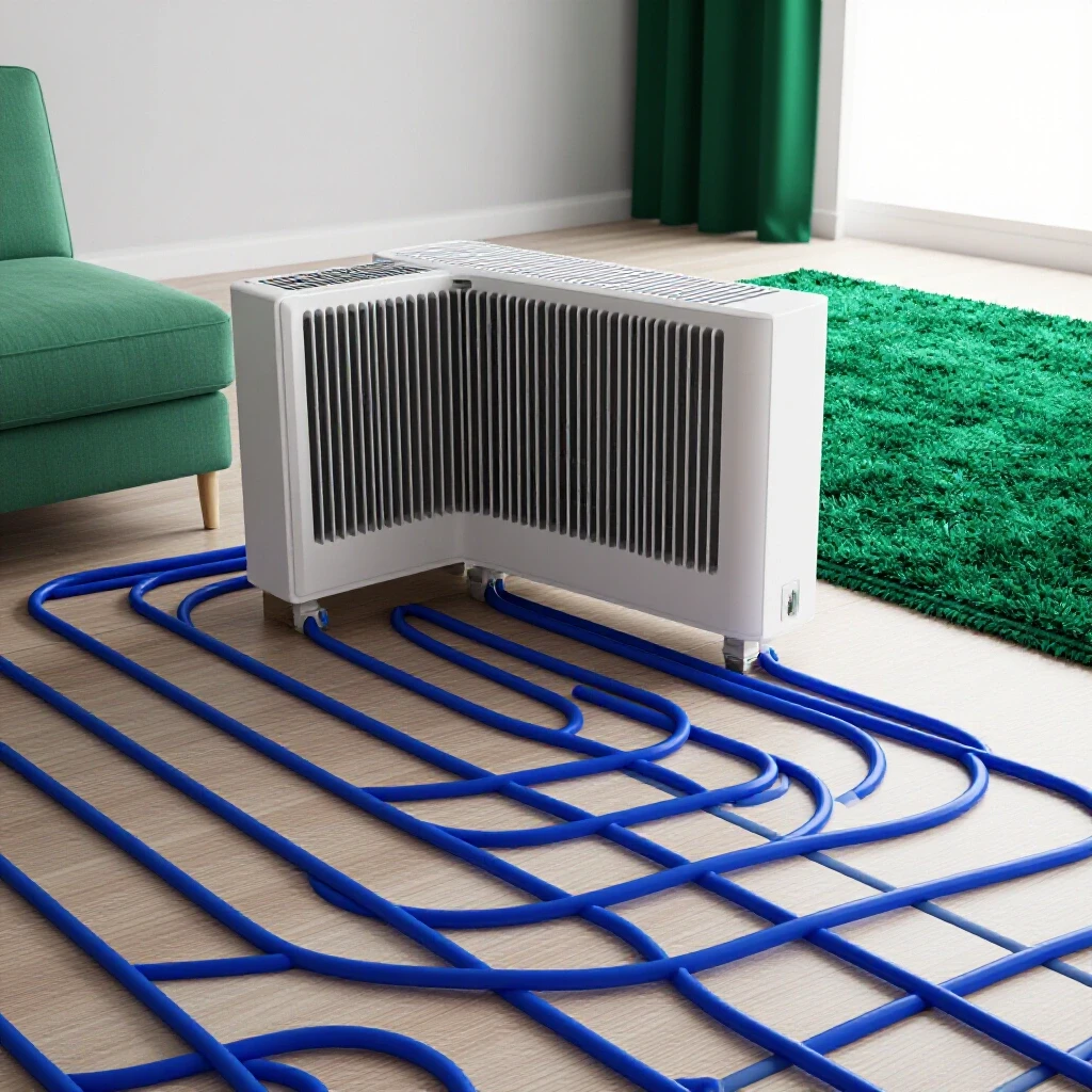 A bright interior showing a modern heating system installation under a luxurious rug in a warmly lit setting.