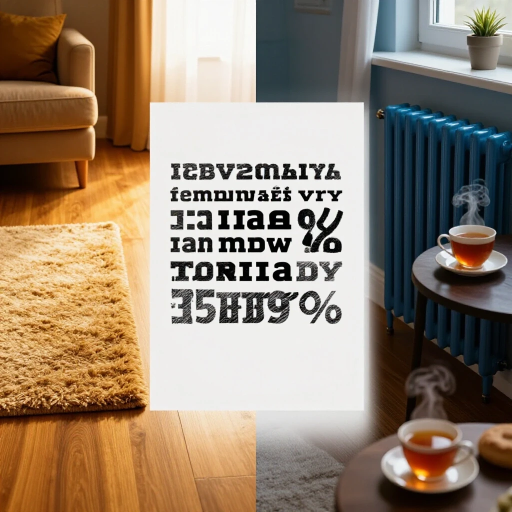 A split-image showcasing a warmly-lit living room with heated floors and a traditional room with radiators, emphasizing comfort.
