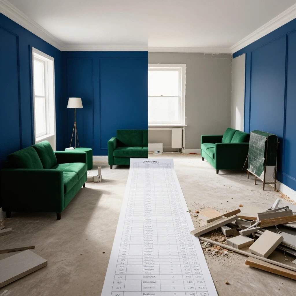 A split-image showcasing a renovated room and a chaotic, unfinished space with a flowing cost breakdown chart.