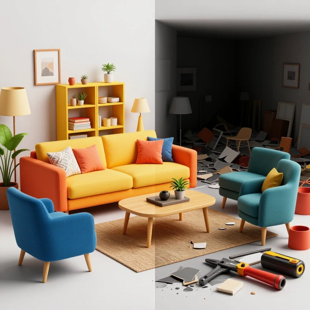 A visually striking comparison of a styled living room and a cluttered space, showcasing hidden costs of marketplace furniture.